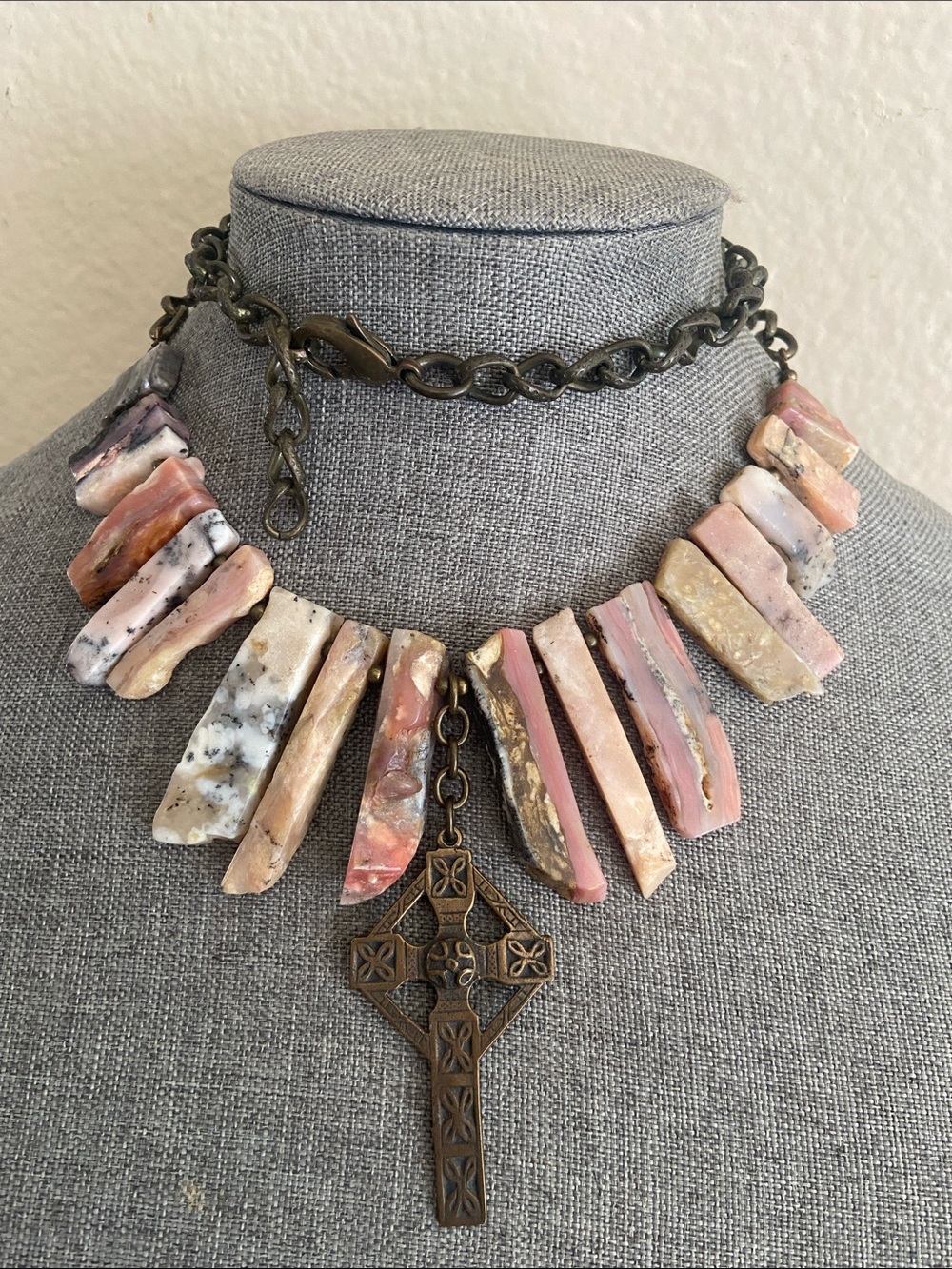 Vintage 80s Natural Pink Opal Agate Stones with Celtic Cross Long Necklace/Belt